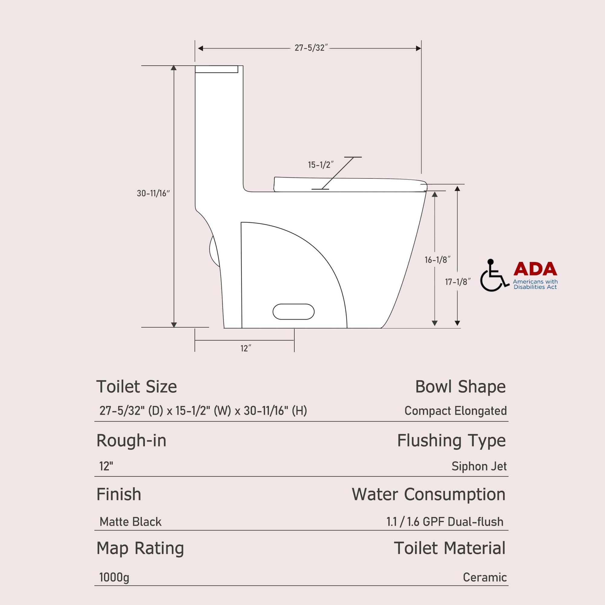 Dual-flush One Piece Toilet Matte Black Elongated Comfort Height_voghion.com